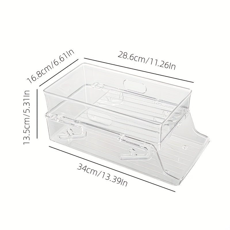 Ein durchsichtiger Kühlschrank-Organizer aus Kunststoff für Getränkebehälter wie Limonade, Wasser usw.