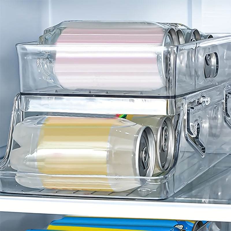 Ein durchsichtiger Kühlschrank-Organizer aus Kunststoff für Getränkebehälter wie Limonade, Wasser usw.