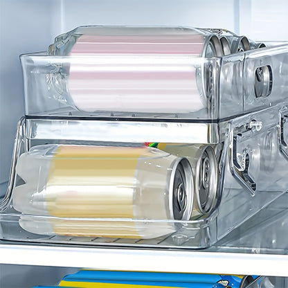 Ein durchsichtiger Kühlschrank-Organizer aus Kunststoff für Getränkebehälter wie Limonade, Wasser usw.