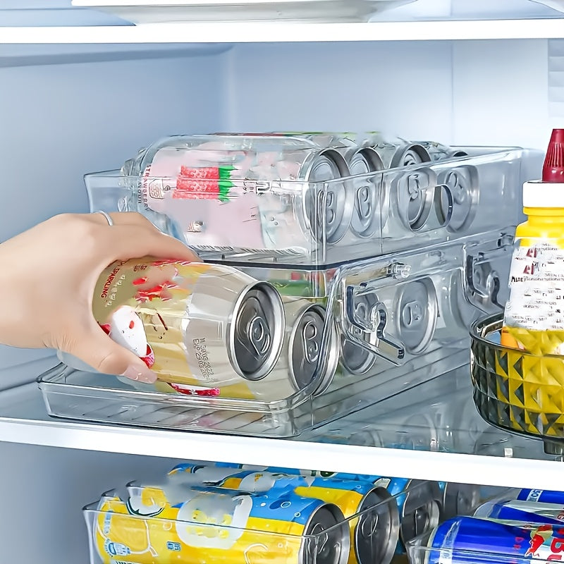 Ein durchsichtiger Kühlschrank-Organizer aus Kunststoff für Getränkebehälter wie Limonade, Wasser usw.